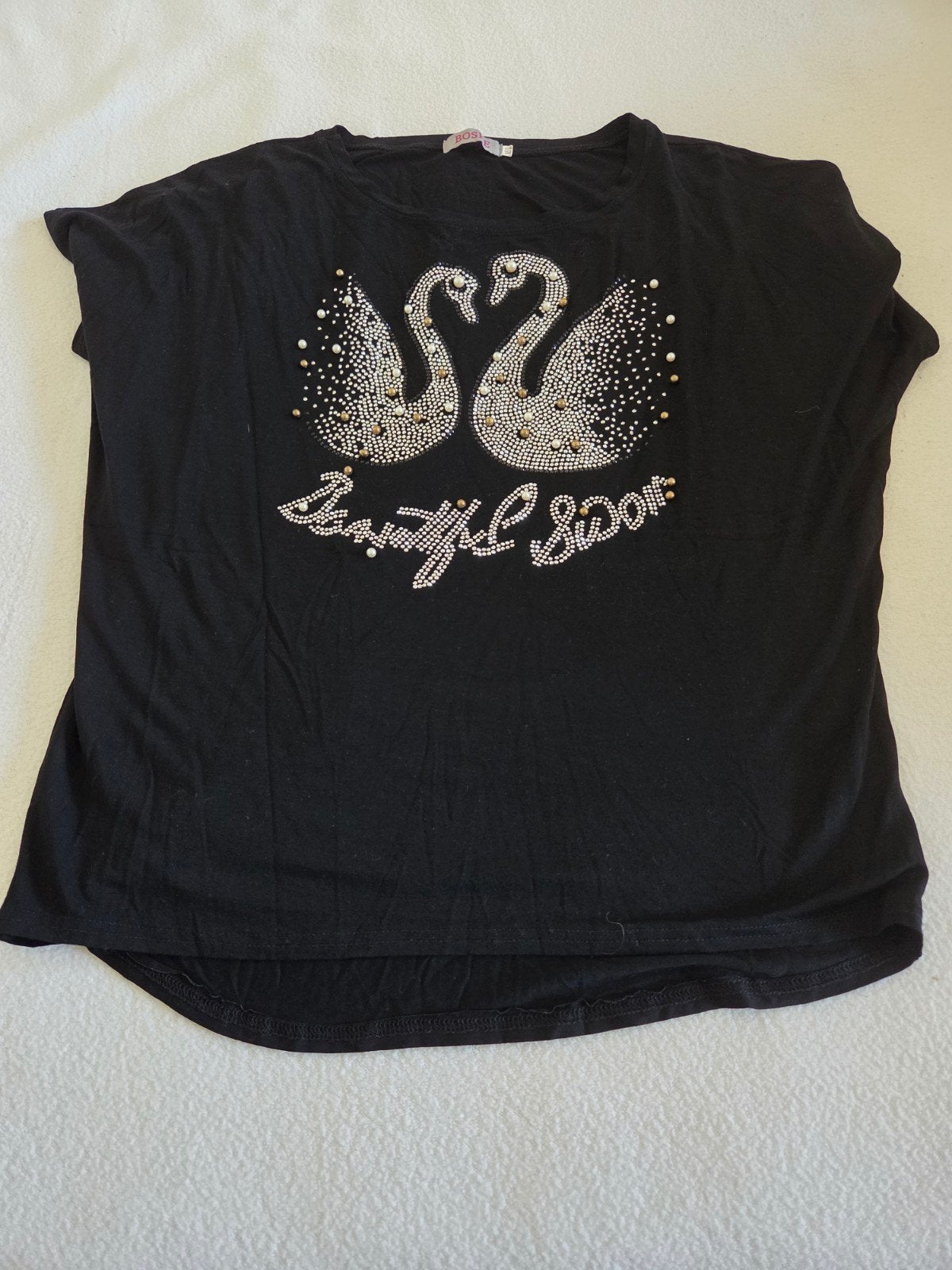 Zwart T-shirt met zwanen en strass steentjes, Kleding | Dames, Maat 38/40 (M), Zwart, BOSKE, Ophalen of Verzenden