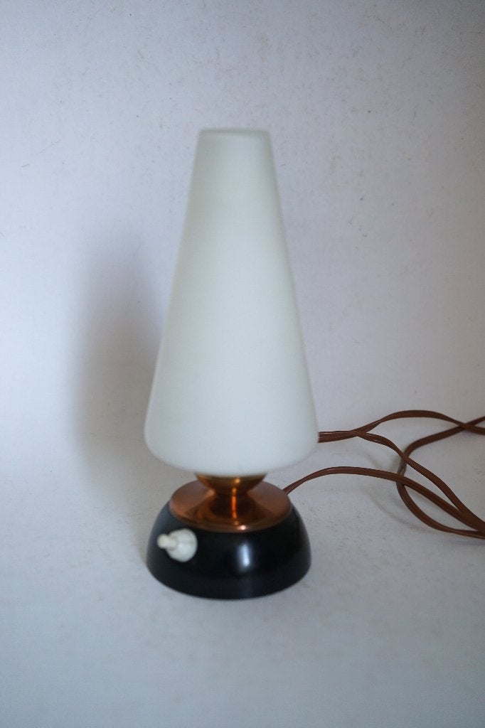 vintage tafellampje wit glas messing kunststof midcentury, Gebruikt, Overige merken, Vintage, Meerkleurig