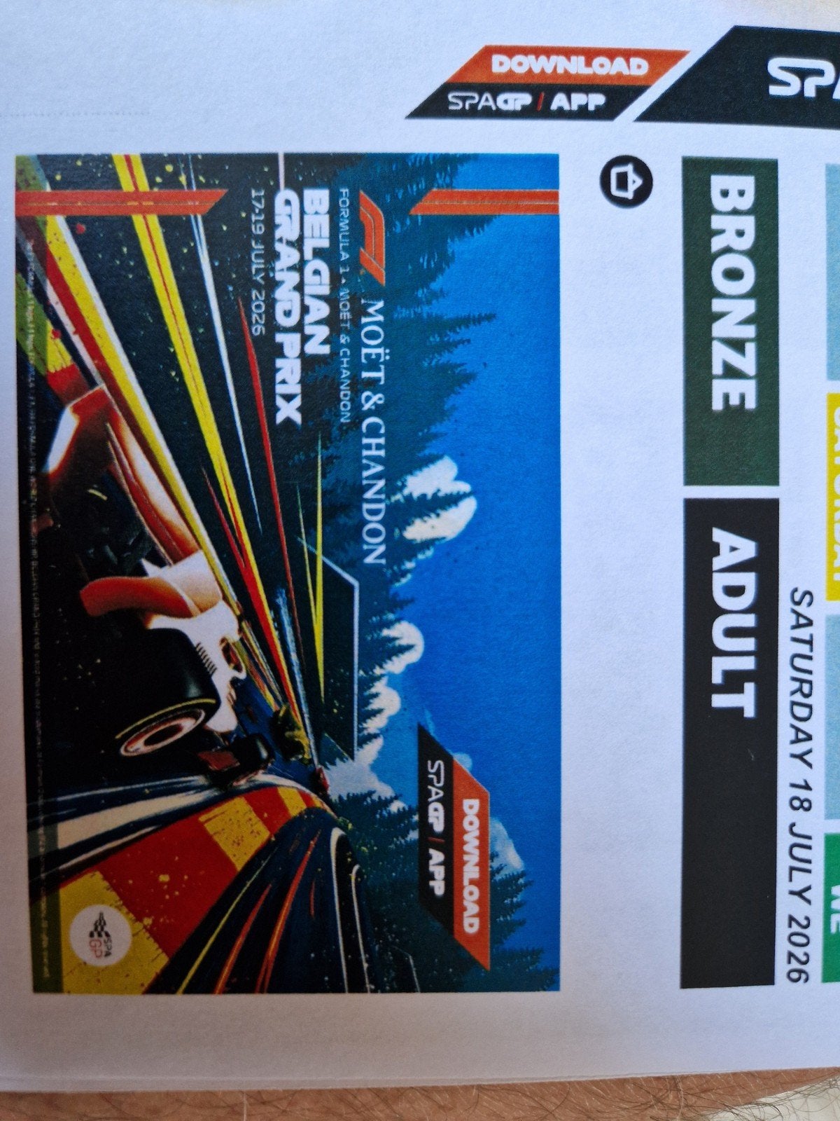 1x Toegangskaart zaterdag Formule1 Spa Belgie, Eén persoon, Juli