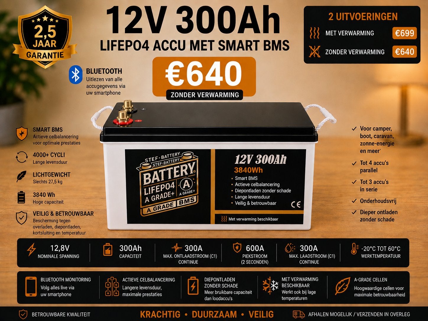 12V 300Ah PREMIUM LiFePO4 ACCU – SMART BMS + BLUETOOTH, Ophalen, Nieuw