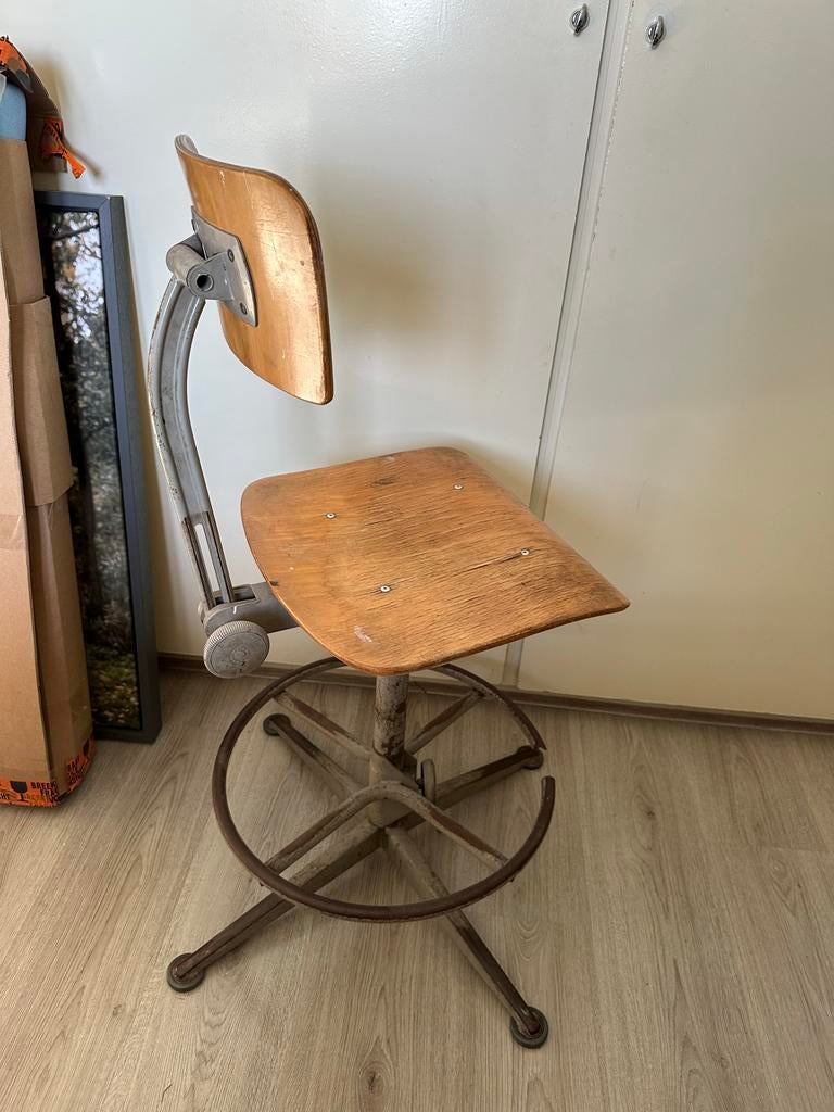 Vintage Tekenstoel / Werkstoel - Industrieel Design, Ophalen, Gebruikt, Bruin, Eén