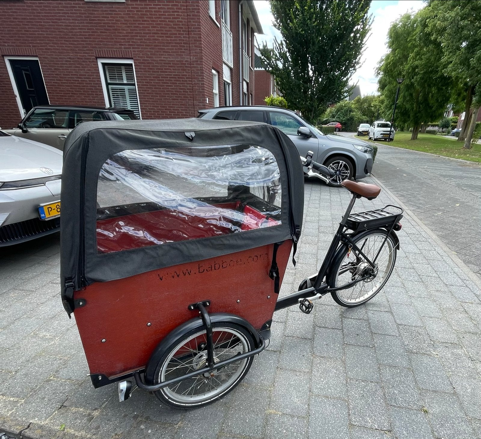 Babboe Big bakfiets met huif en kussenset, Ophalen, 4 kinderen of meer, Gebruikt, Elektrisch