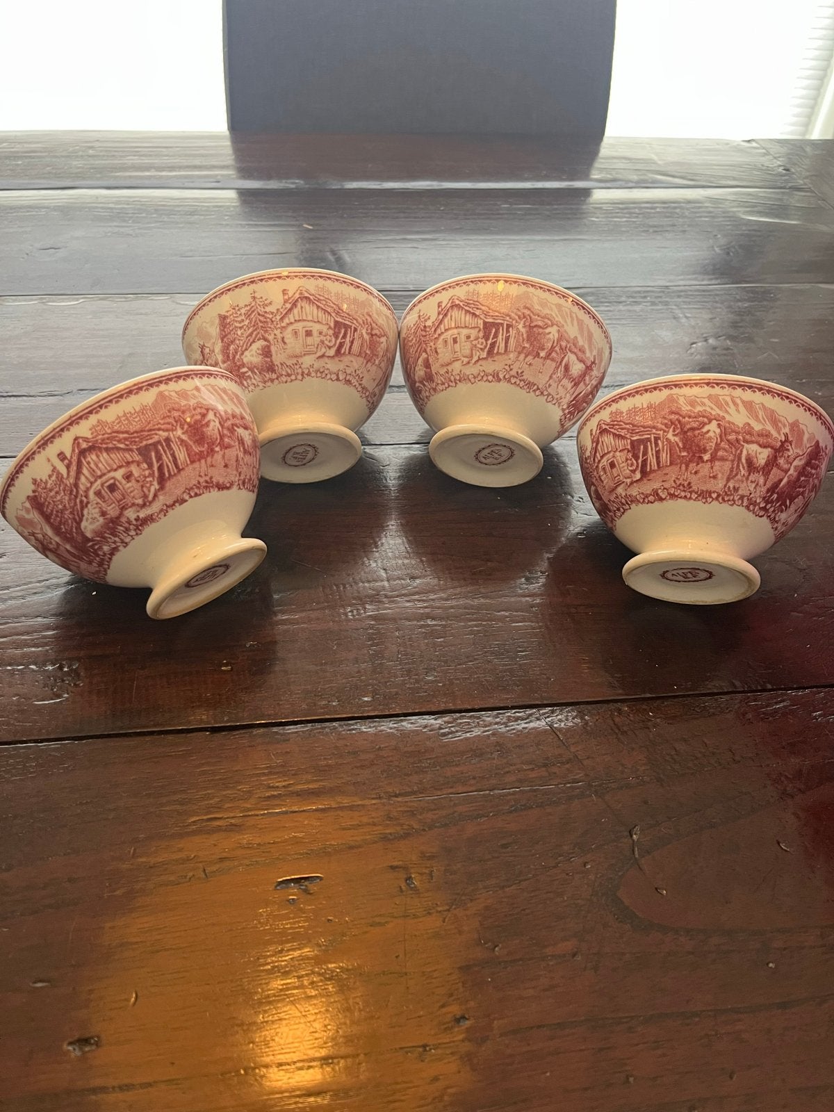 Set van 4 vintage Franse ontbijtkommen met landelijk taferee, Ophalen of Verzenden