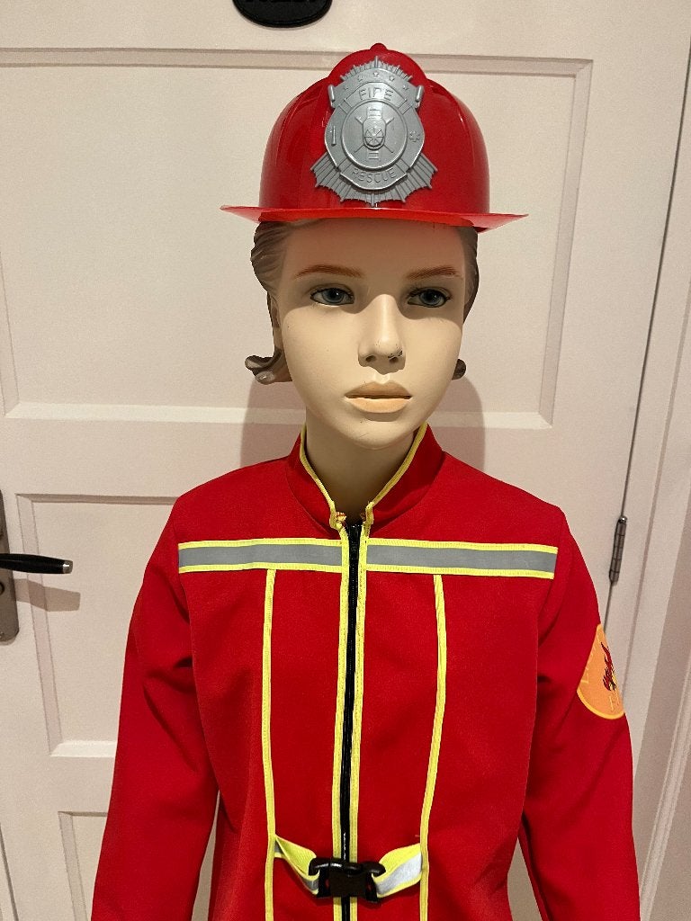 verkleedkleren: Brandweer jurkje met helm maat 140, Kinderen en Baby's, Carnavalskleding en Verkleedspullen, Ophalen of Verzenden