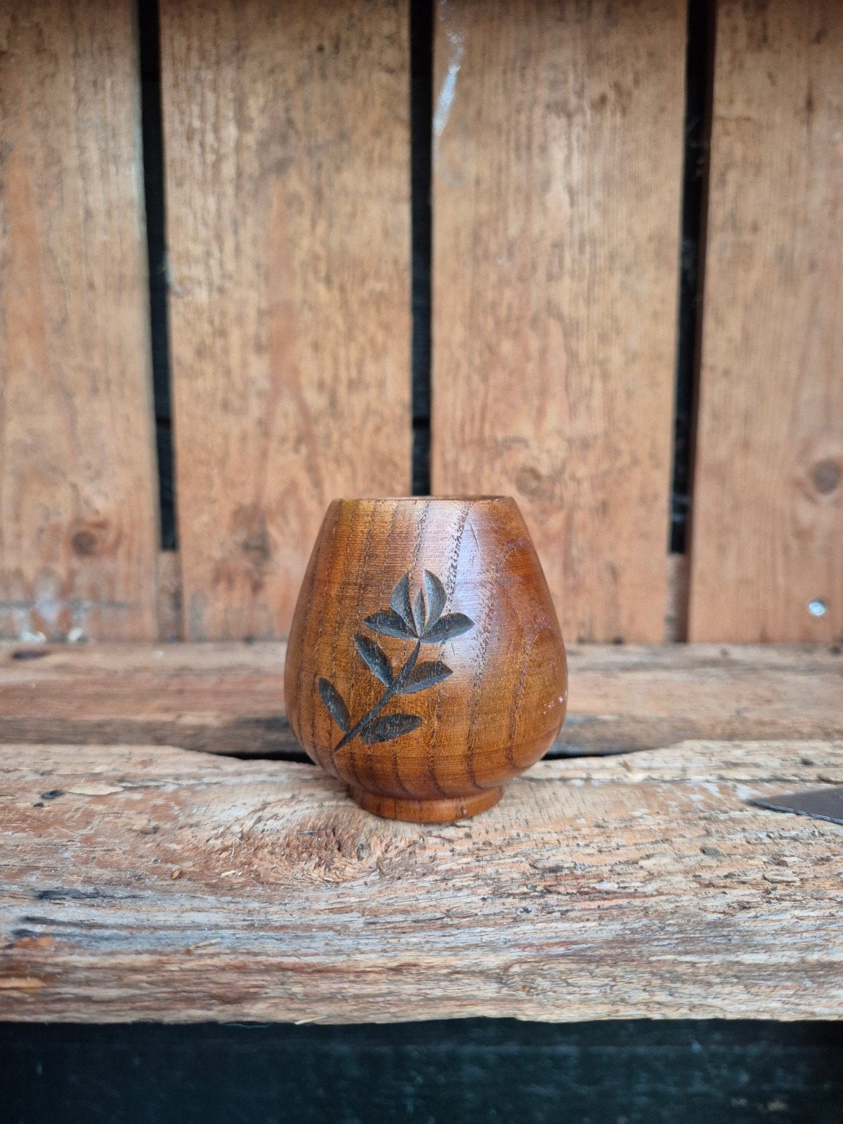 Houten vaasje met bloemmotief, Hout, Gebruikt, Ophalen of Verzenden, Landelijk