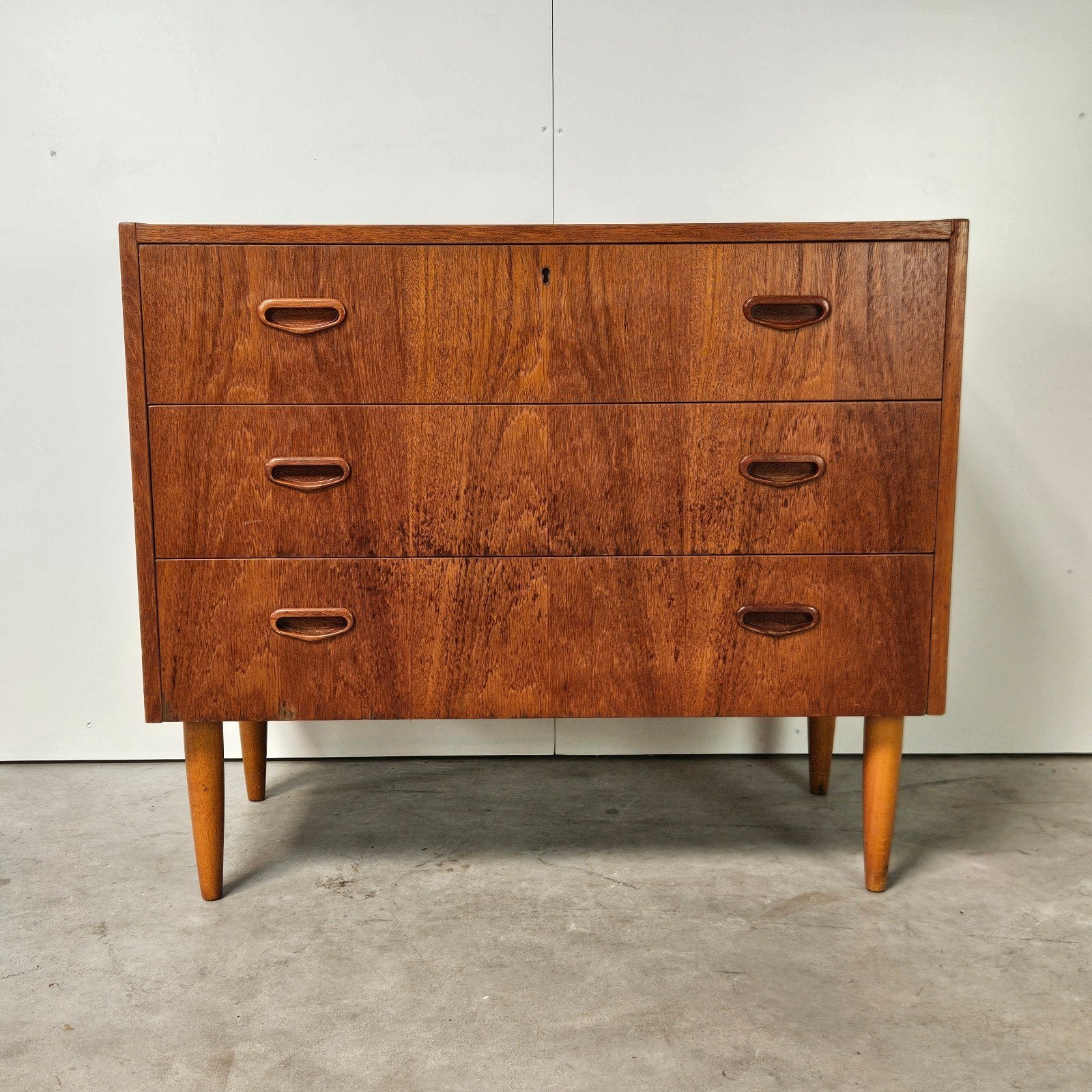 Vintage Deense ladekast teak, Gebruikt, 3 of 4 laden, Minder dan 100 cm, 25 tot 50 cm