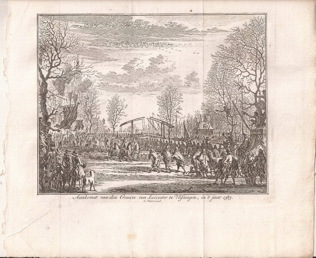 Aankomst van Graave van Leicester te Vlissingen, in 1585, Stadsgezicht, 19 cm, Ophalen of Verzenden, 16 cm