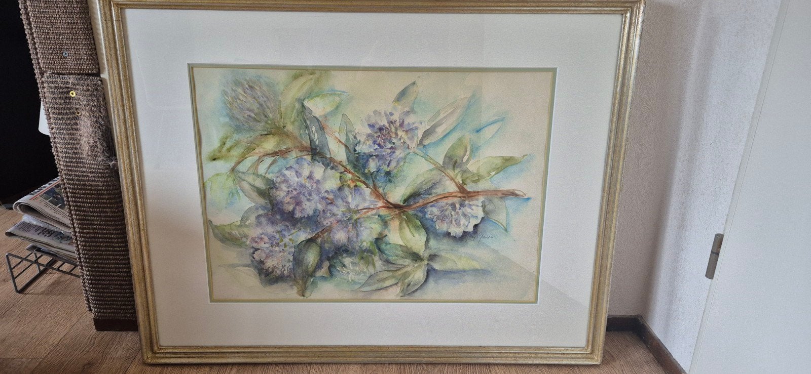 Aquarel stilleven met Hortensia, Achter glas, Impressionistisch, Aquarel, Papier
