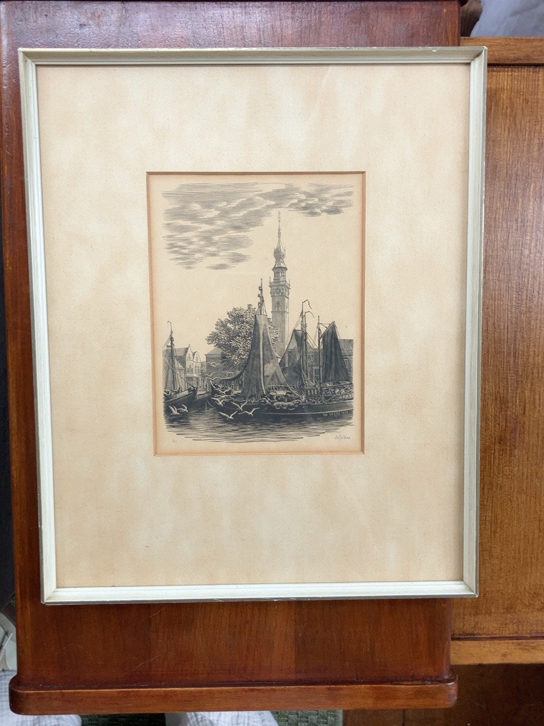 Dirk van Gelder - Veere, 1953 (Houtgravure, gesigneerd), Antiek en Kunst, 1950 - 1999, Stadsgezicht, Ophalen of Verzenden, Gravure