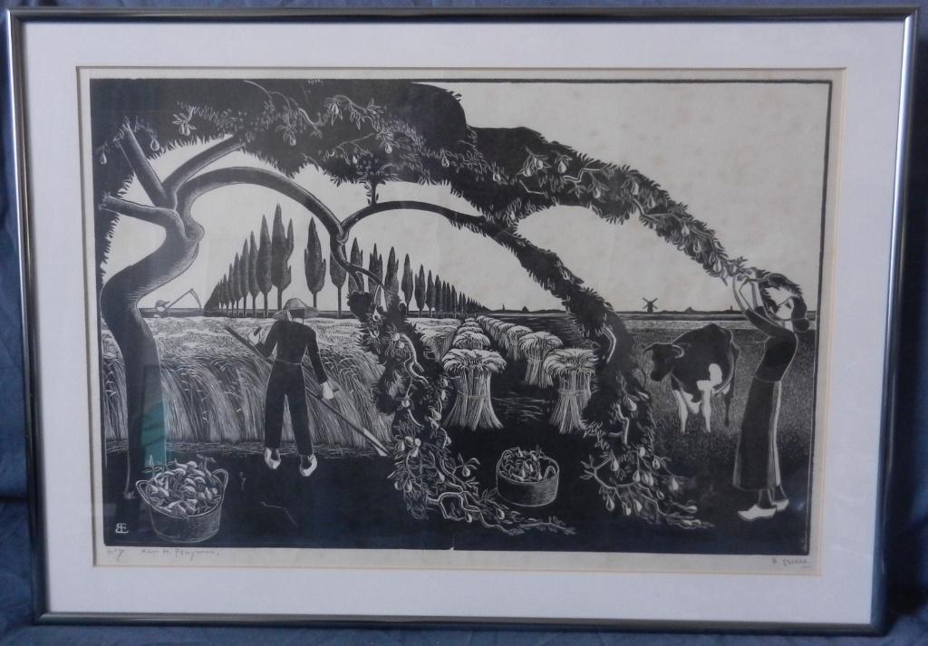 Houtgravure De Oogst De maaier 1927/28 Bernard Essers 30x46, 46 cm, Met monogram, Ophalen of Verzenden, Houtsnede
