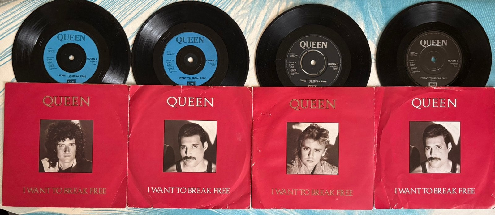 Queen 7" I Want To Break Free 1984 UK Black & Blue Label 4x, Gebruikt, 7 inch, Ophalen of Verzenden, Beschermende buitenhoes