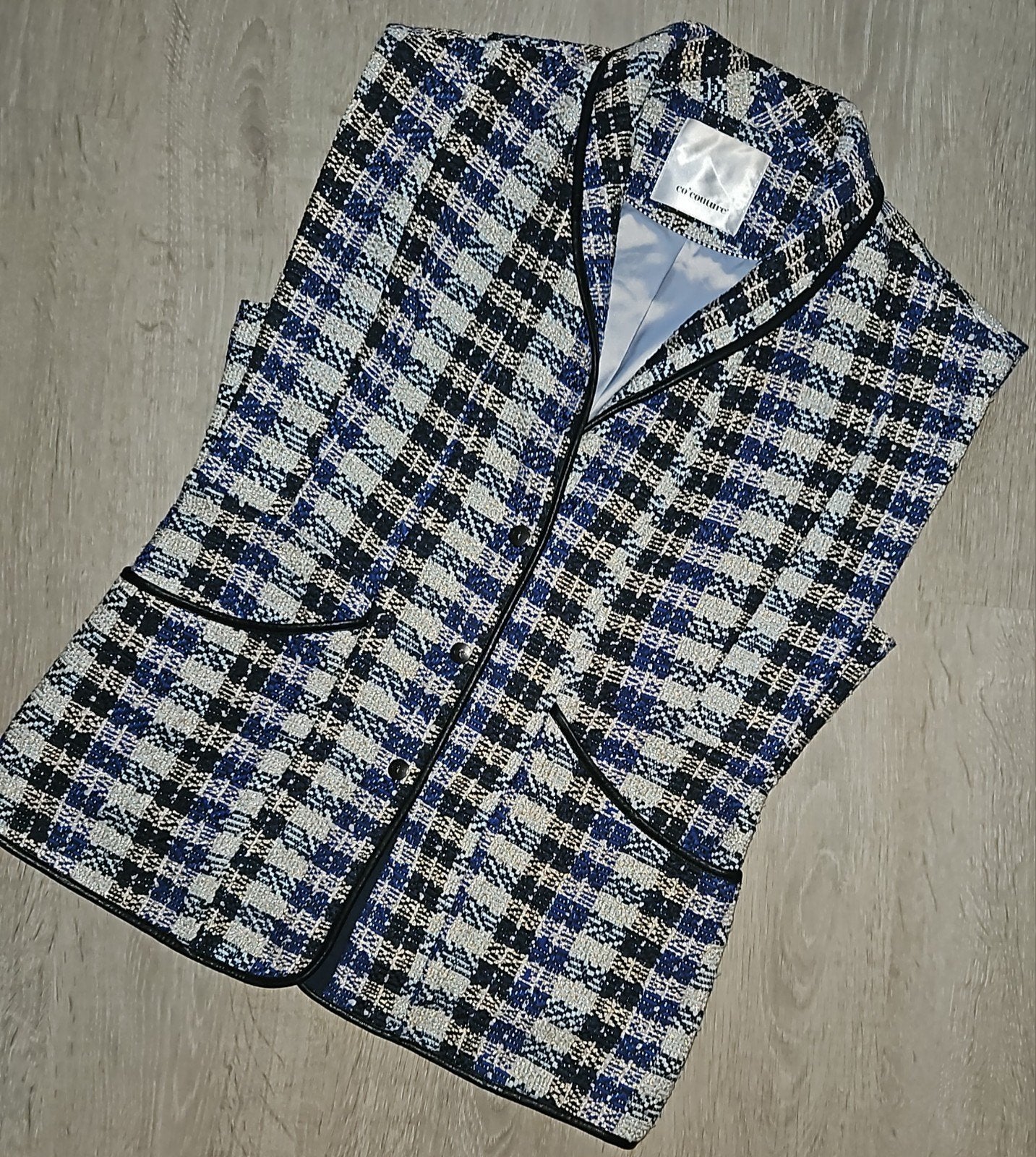 co couture 'Mina' Bouclé Tweed Gilet met Leren Biezen maat s, Ophalen of Verzenden, Zo goed als nieuw, Blauw