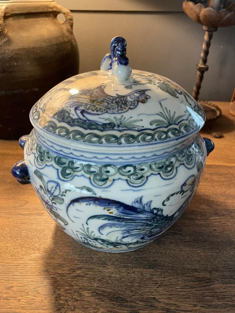 Grote gemberpot, sleets, blauw/wit/groen, pauw, bloem, Verzenden
