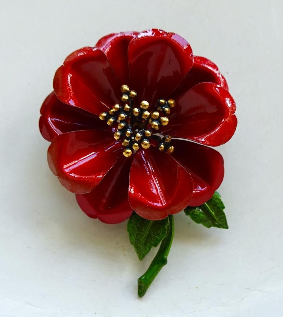Jaren '70 / '80 geëmaillerde koperen broche: bloem, Sieraden, Tassen en Uiterlijk, Antieke sieraden, Ophalen of Verzenden, Koper