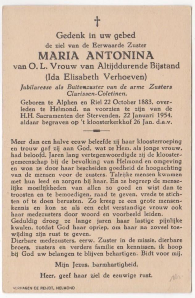 zr. Ida Elizabeth Verhoeven 1883 Alphen Riel + 1954 Helmond, Verzamelen, Bidprentjes en Rouwkaarten, Verzenden