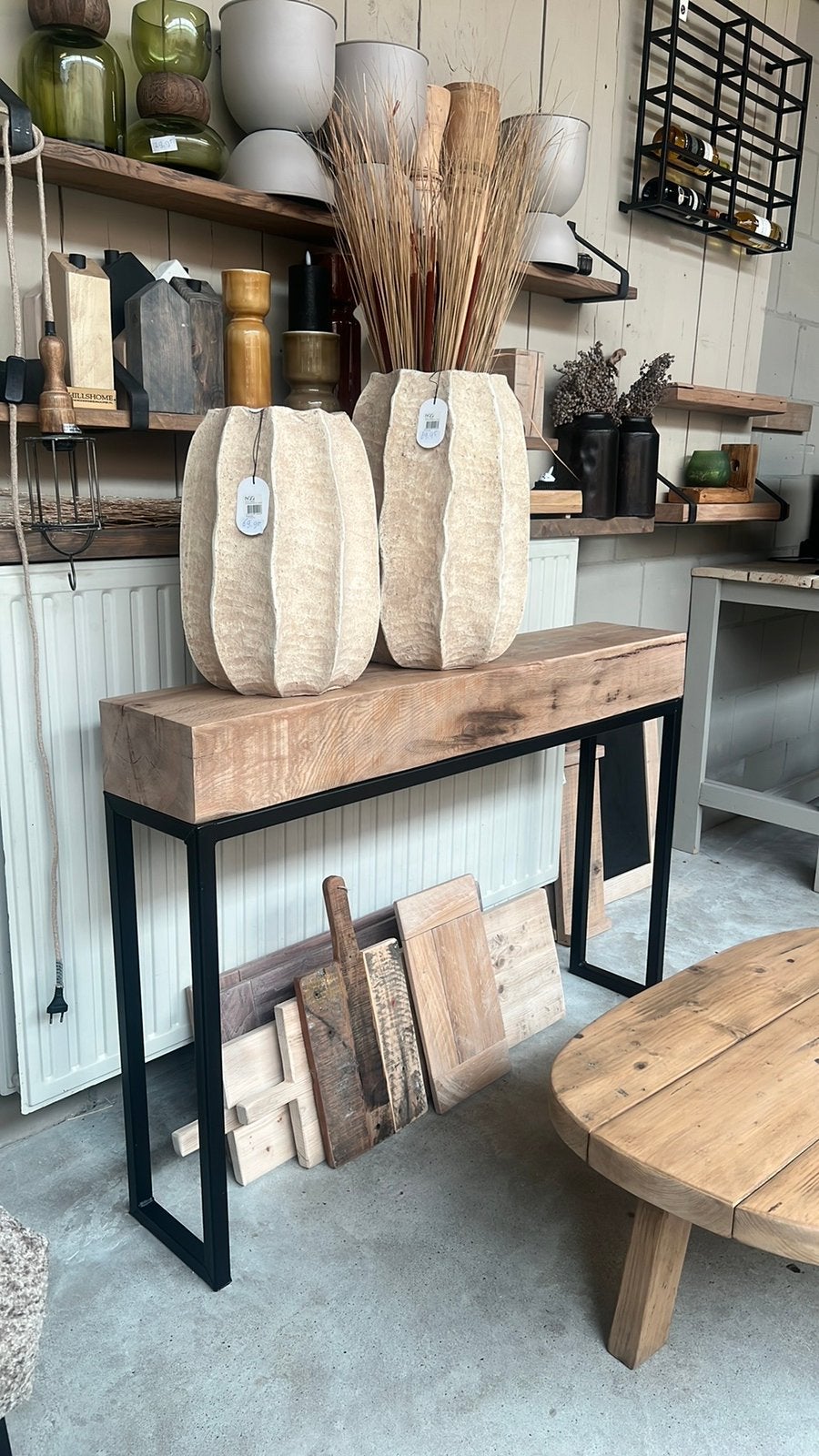 sidetable oud eiken balk stalen frame, Huis en Inrichting, Tafels | Sidetables, 100 tot 150 cm, Nieuw, Ophalen of Verzenden, Eikenhout