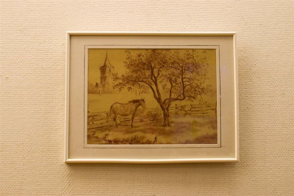 prent/ tekening van een paard in de wei 49029