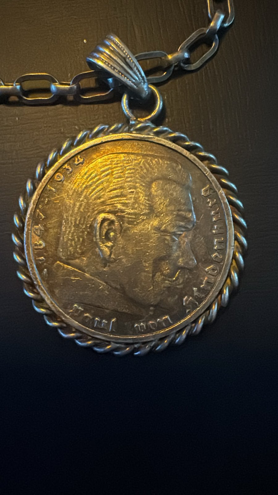 Antieke zilveren ketting met munthanger zilveren 5 mark 1936, Ophalen of Verzenden, Zo goed als nieuw, Zilver