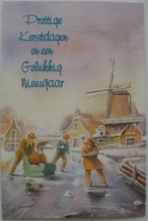Oude Kerstkaart met winterlandschap met molen., Ophalen of Verzenden, 1980 tot heden, Gelopen, Feest(dag)