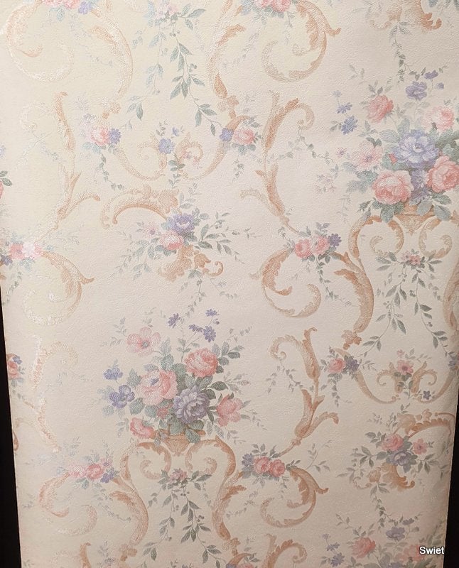 12405 Origineel vintage brocante bloemen behang swiet, Ophalen of Verzenden, Blauw