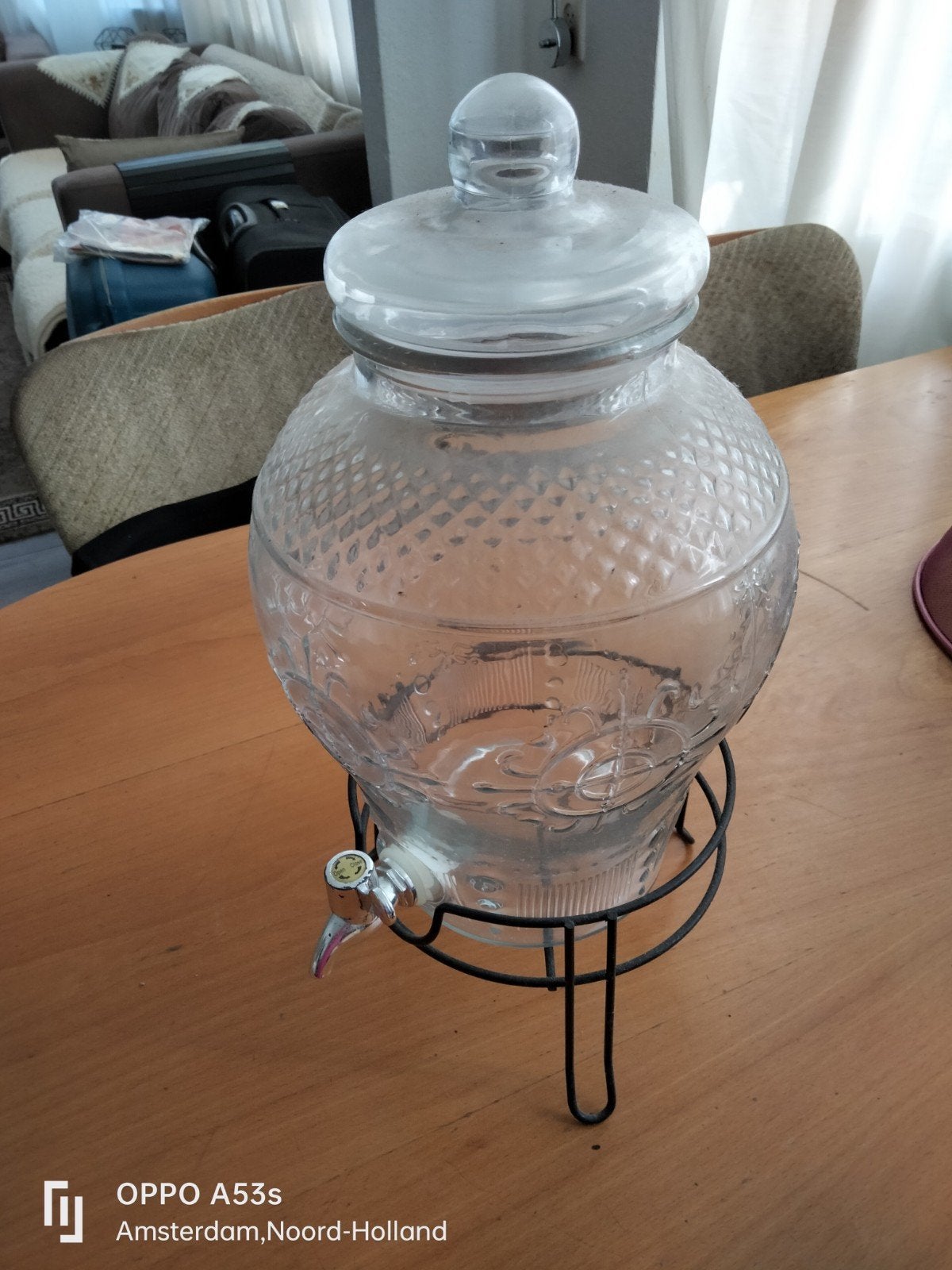 Glazen drankdispenser met tapkraan en standaard, Overige typen, Ophalen of Verzenden, Zo goed als nieuw, Glas