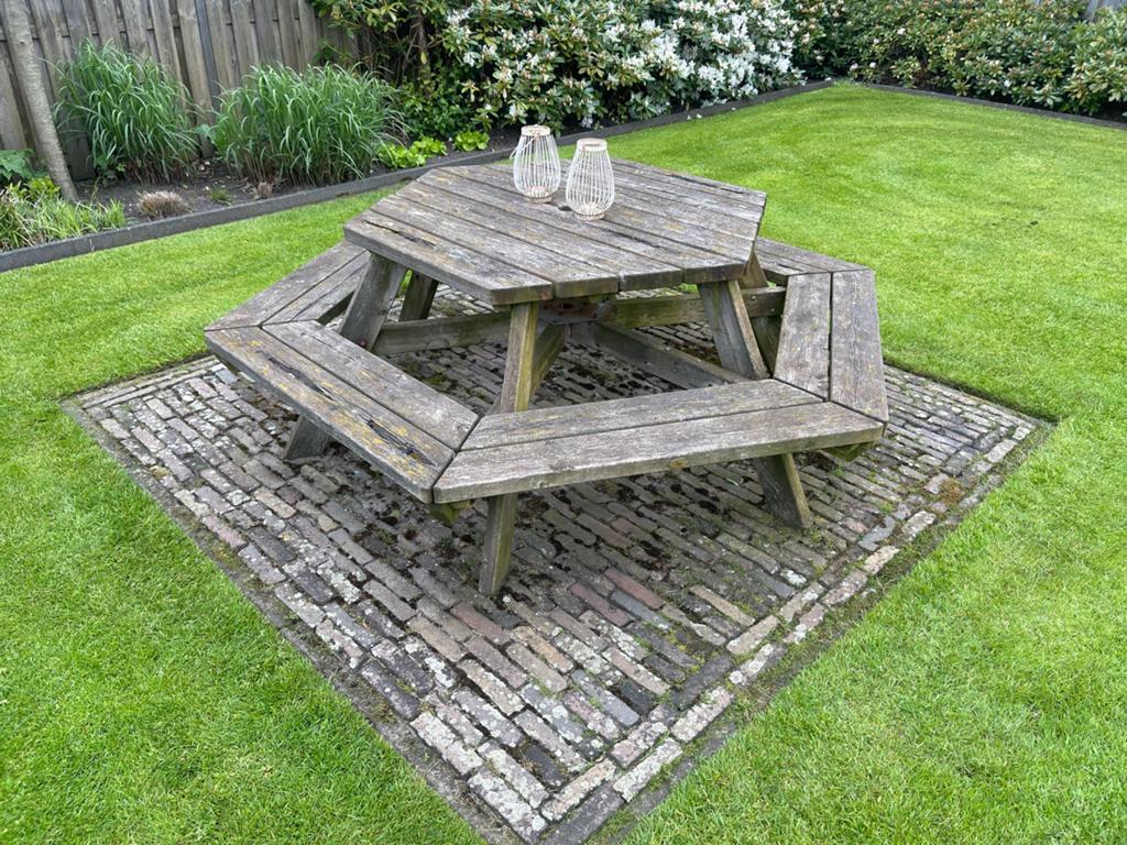 Zeshoekige picknicktafel van Talen Buitenmeubelen, Ophalen of Verzenden, Gebruikt, Hout