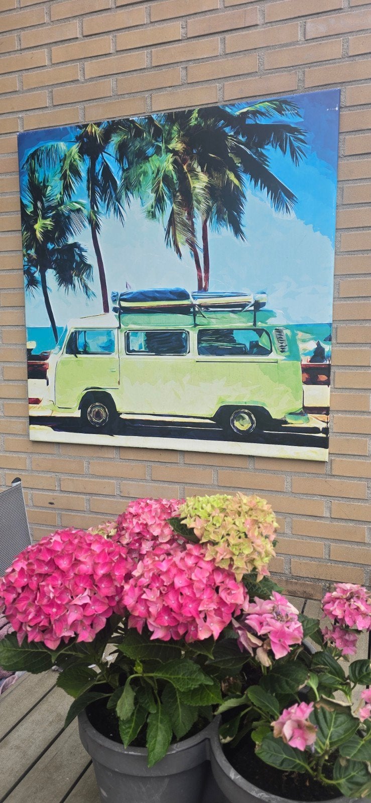 Wanddecoratie: Hippe VW bus met surfplanken 100cm x 100cm, Ophalen, Gebruikt, Schilderij, 75 tot 100 cm