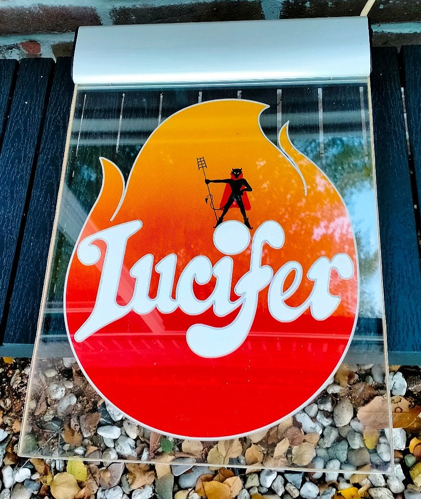 Lucifer Belgisch Bier licht Reclamebord - Duivel Design, Ophalen of Verzenden, Zo goed als nieuw, Reclamebord