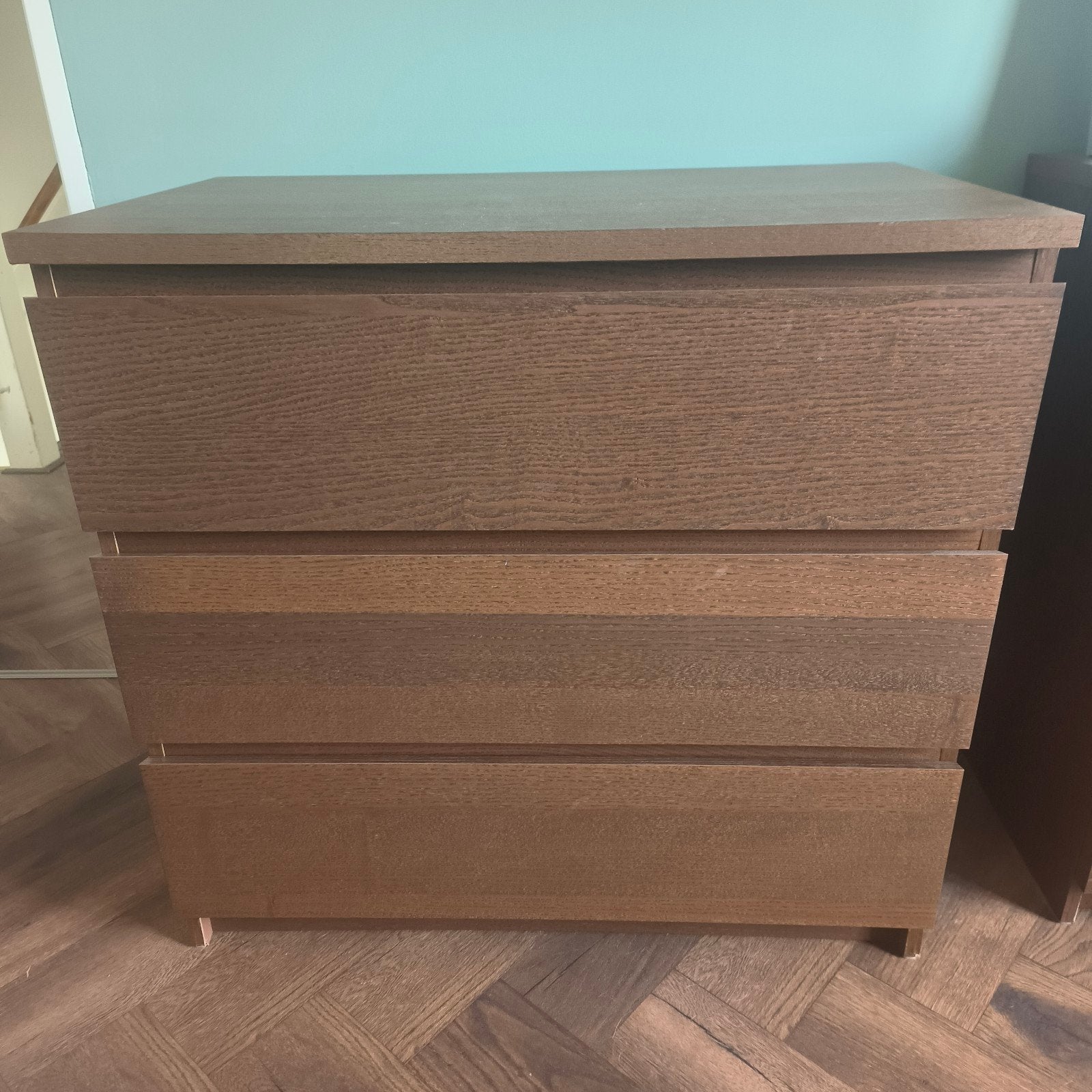 Bruin IKEA MALM ladekast met 3 lades, eikenfineer, Huis en Inrichting, Ophalen, Gebruikt, Eikenhout, 50 tot 100 cm