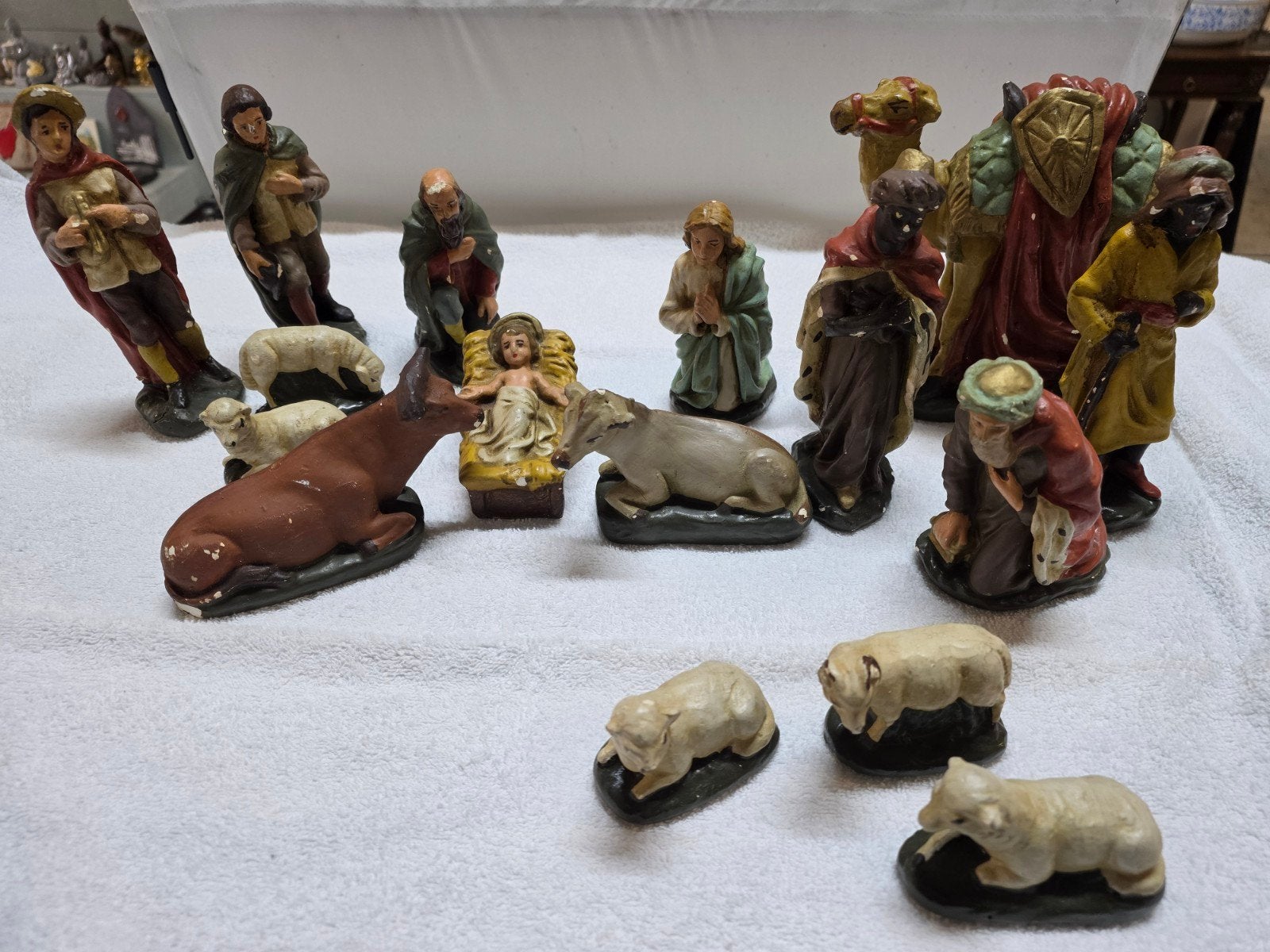 Antieke Kerststal Beelden Set - Handgeschilderd, Ophalen of Verzenden, Gebruikt, Beeld(je), Christendom | Katholiek