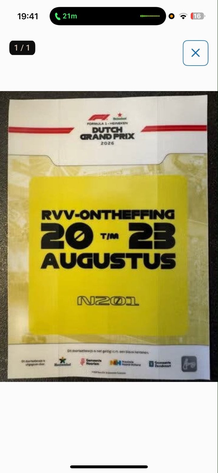 F1 doorlaatbewijs Zandvoort, Eén persoon