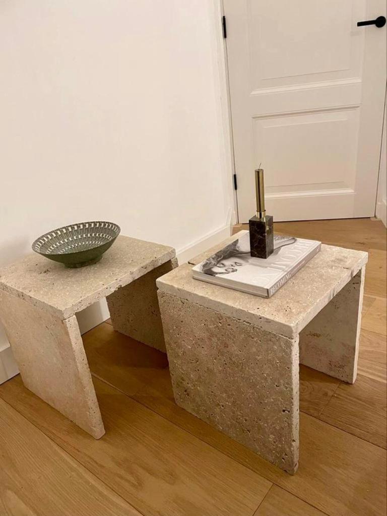 Set van 2 natuurstenen bijzettafels - travertin stijl, Ophalen, Minder dan 55 cm, Vierkant, Zo goed als nieuw