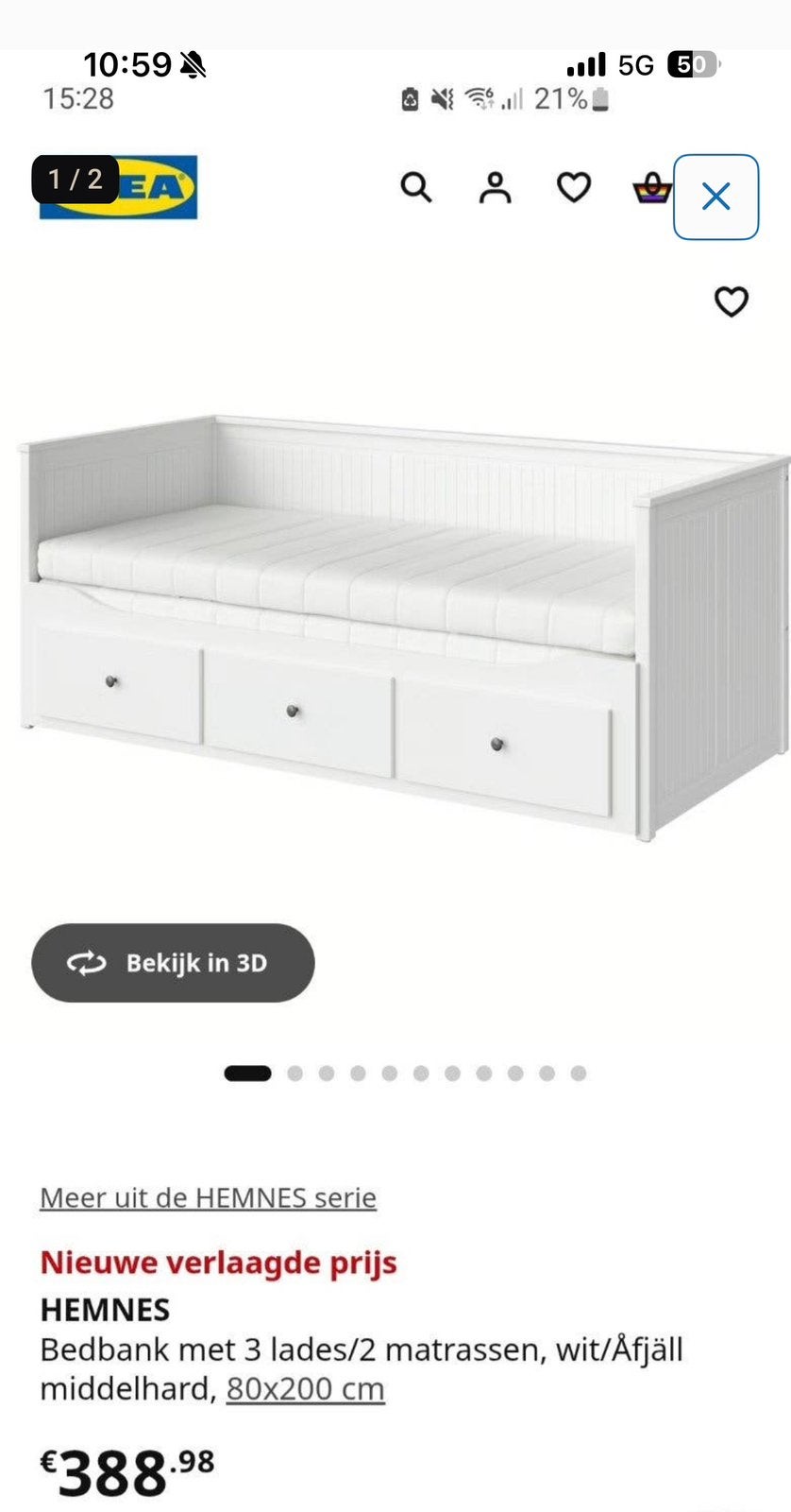 Ikea bed wit Hemnes met 3 lades., Ophalen, Eenpersoons, Wit, Zo goed als nieuw