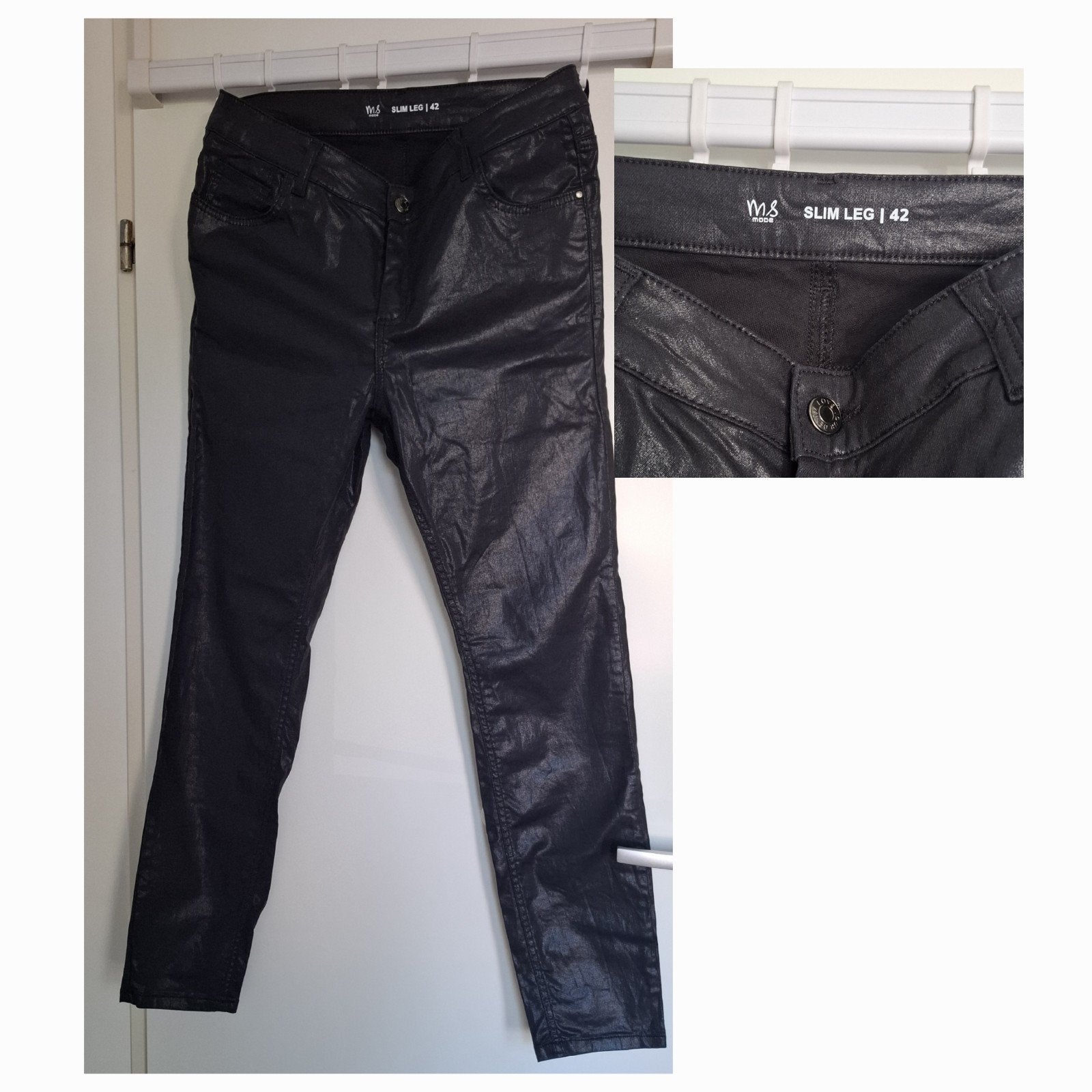 M&S Slim Leg Broek Maat 42 Zwart Gecoat, Kleding | Dames, Zwart, Maat 42/44 (L), Ophalen of Verzenden, Zo goed als nieuw