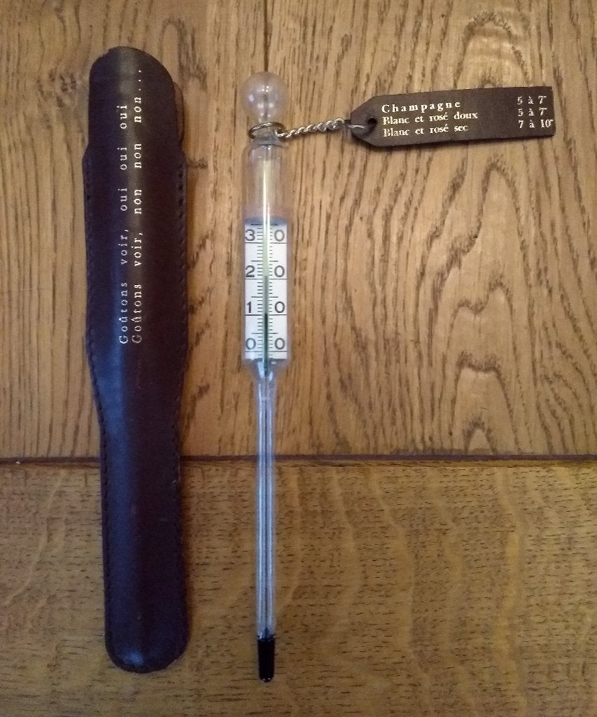 Vintage champagne wijn thermometer in leren houder sommelier, Ophalen of Verzenden, Zo goed als nieuw, Overige gebieden, Witte wijn