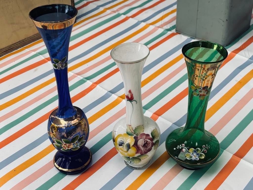 Set van 3 Vintage Glazen Vazen met Bloemenmotief, Antiek en Kunst, Antiek | Kandelaars, Ophalen of Verzenden