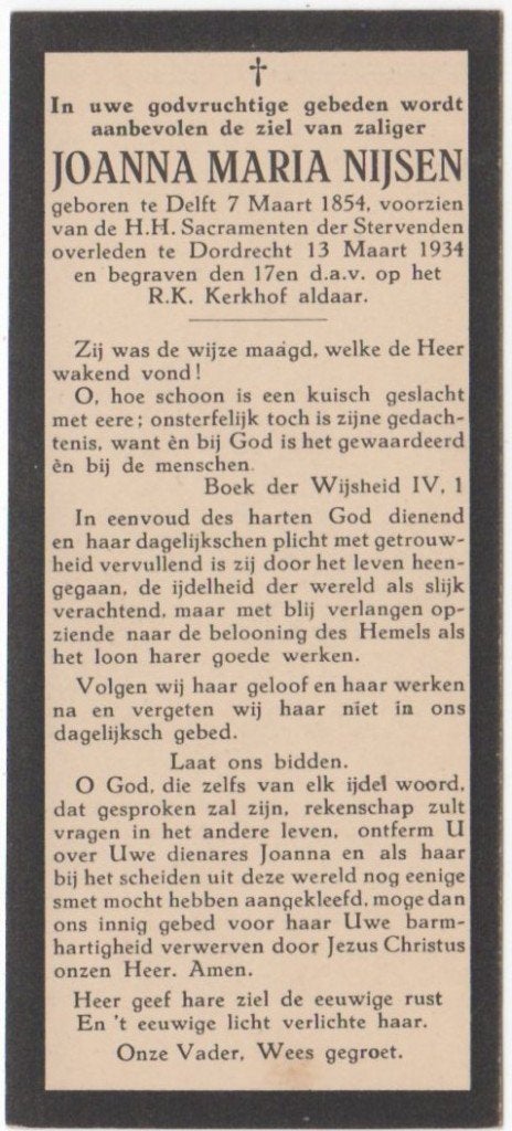 Joanna Maria Nijsen 1854 Delft + 1934 Dordrecht, 80 jaar oud, Ophalen of Verzenden