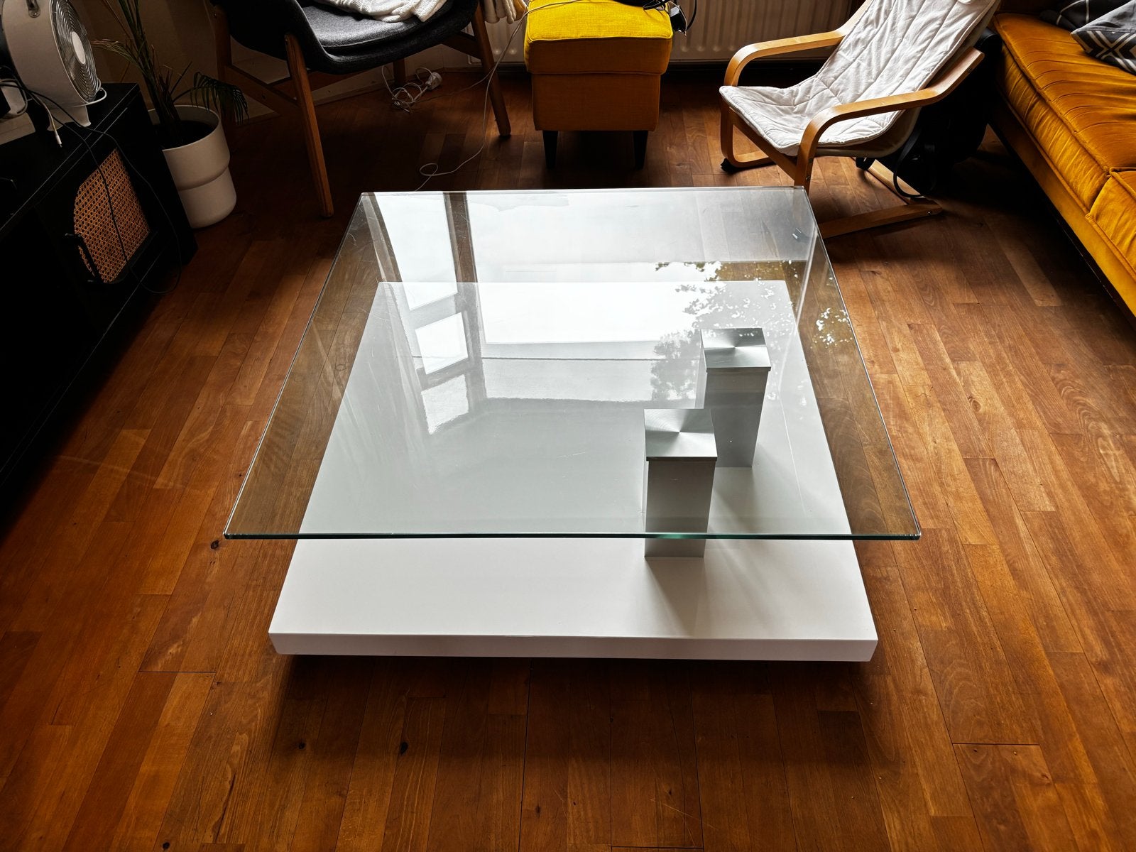 Design Vierkante Zwevende Salontafel met Glasplaat, Ophalen, Gebruikt, Vierkant, 50 tot 100 cm
