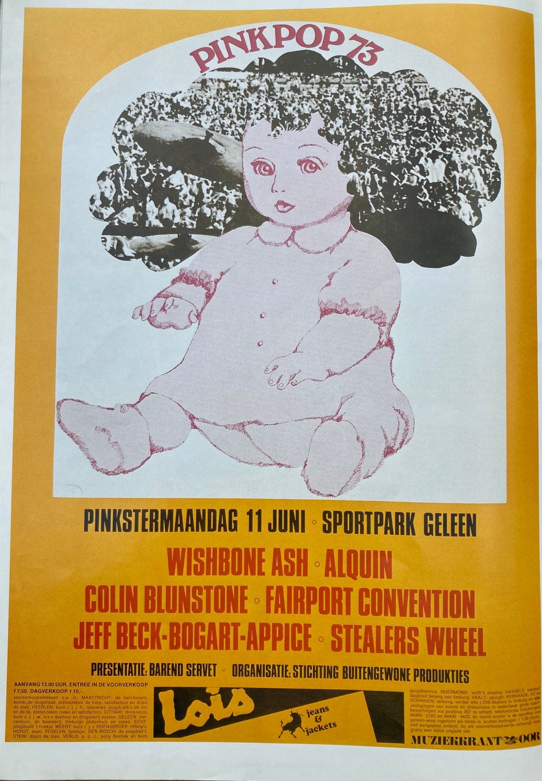 Paginagrote A3 advertentie PINKPOP 1973 Wishbone Ash ALQUIN, Ophalen of Verzenden, Zo goed als nieuw, A1 t/m A3, Muziek