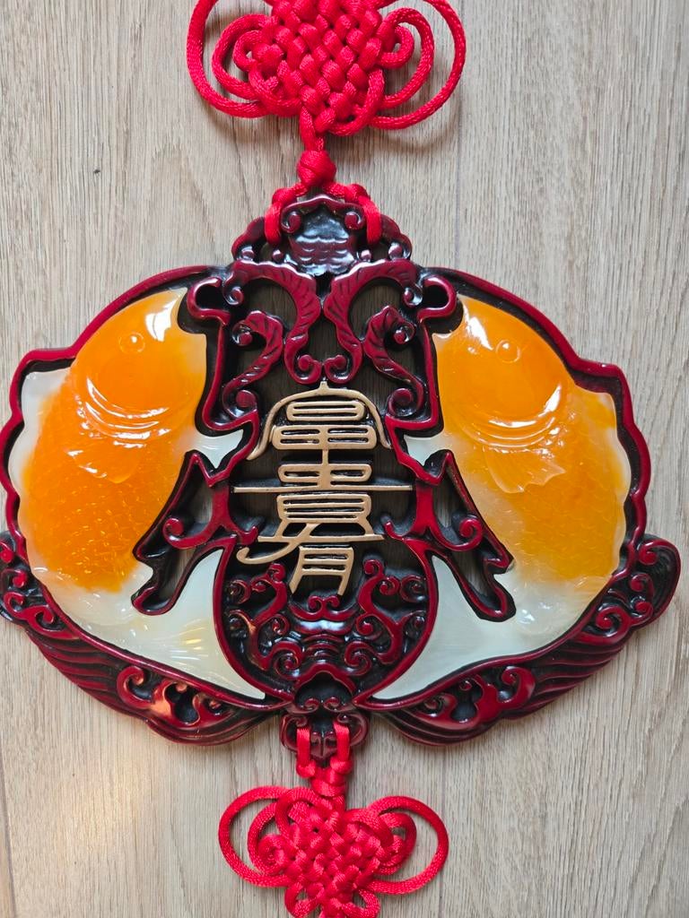 Chinese decoratie met vissen en kwastje, Huis en Inrichting, Woonaccessoires | Overige, Hout, Ophalen of Verzenden, Rood, Oosters