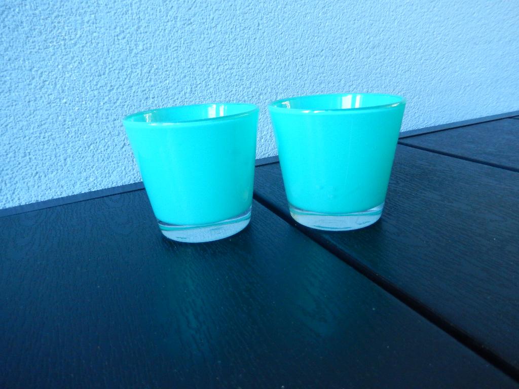 2 mintgroene waxinelichthouders, Ophalen, Zo goed als nieuw, Overige materialen