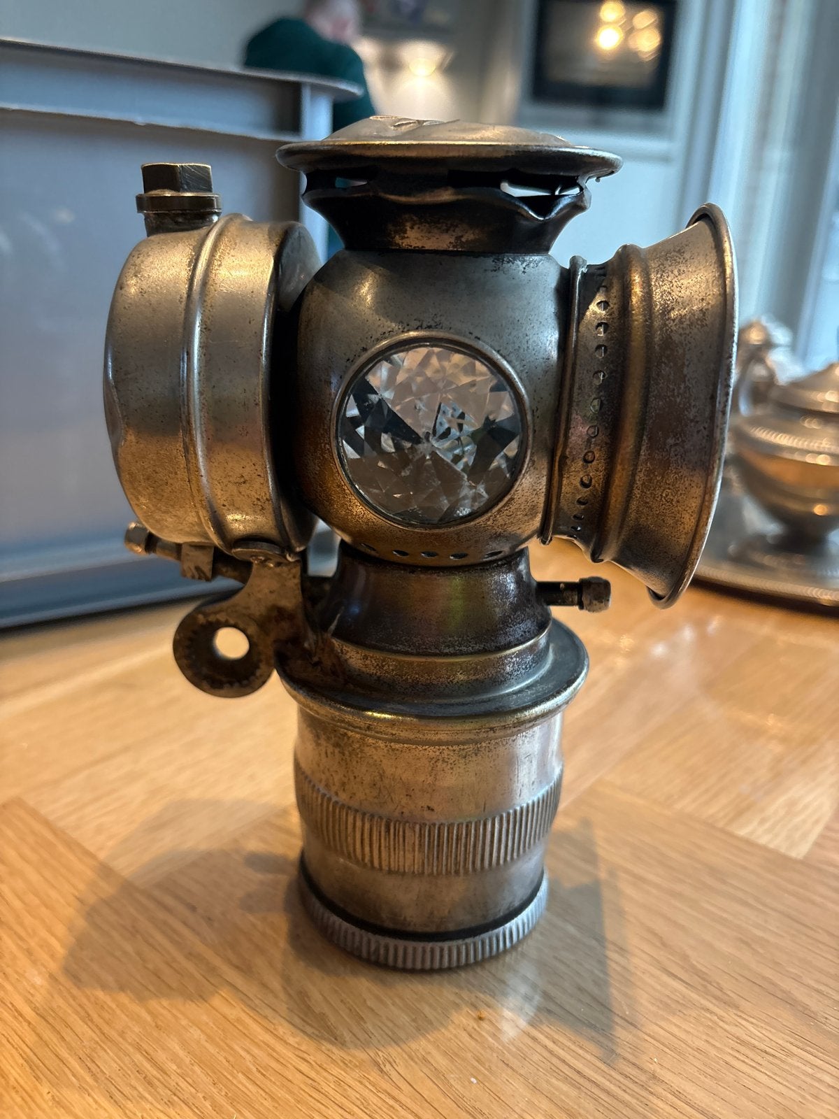 Antieke koperen fietslamp met facetgeslepen glas, Ophalen