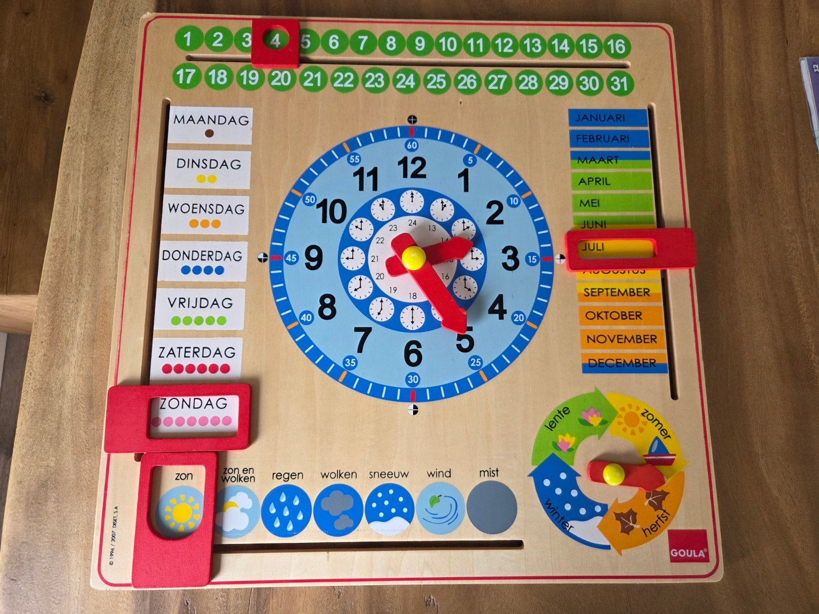 Goula houten bord: klok, kalender, weer en seizoenen, Ophalen of Verzenden, Zo goed als nieuw, Ontdekken