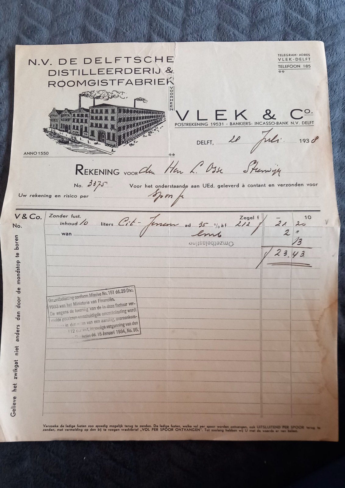 Oude Factuur Vlek & Co 1938 Distilleerderij Delft Jenever, Ophalen of Verzenden, Gebruikt, Gebruiksvoorwerp