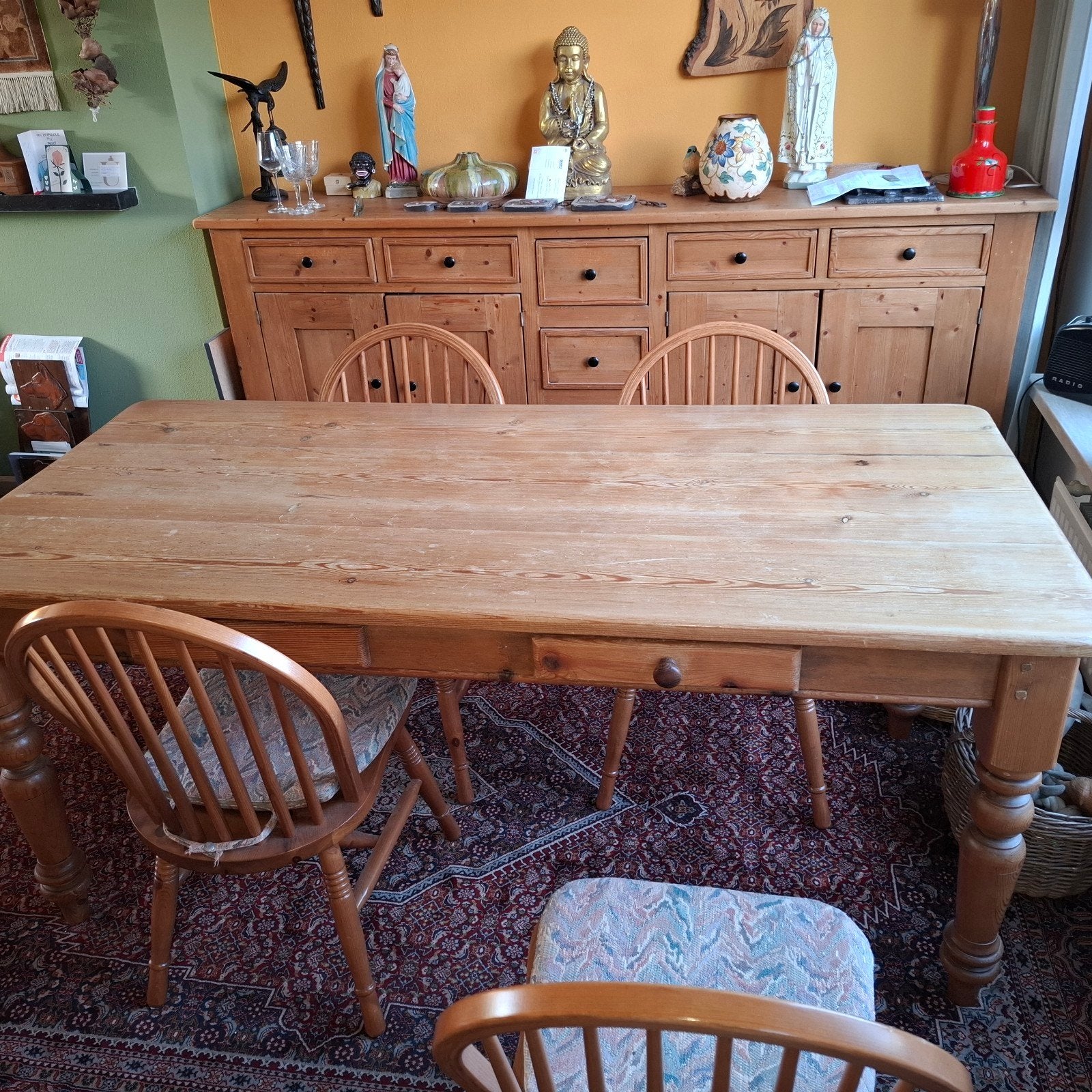 Grenen tafel 180x80 ,lades,evt Windsor stoelen., Ophalen, Gebruikt, 4 tot 6 stoelen