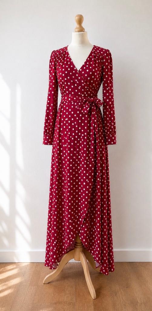 Topvintage polkadot rood wit maxi wikkeljurk Carina M, Maat 38/40 (M), Verzenden, Topvintage, Zo goed als nieuw