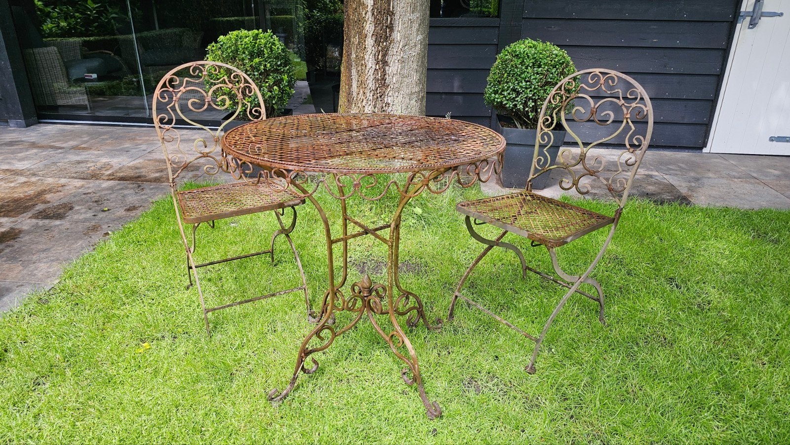 Brocante metalen tuinset - tafel en 2 stoelen, Ophalen