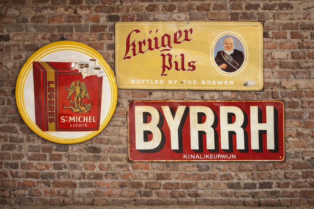 3 emaille reclameborden in een koop €650, Ophalen, Reclamebord, Gebruikt, M