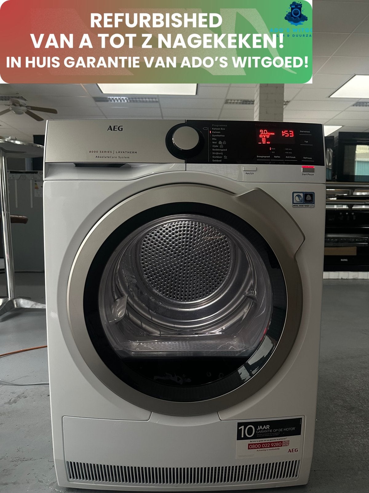 AEG 8000 SERIES 9KG Warmtepompdroger AbsoluteCare, Witgoed en Apparatuur, AEG, Anti-kreukfase, Info@adoswitgoed.nl, Refurbished