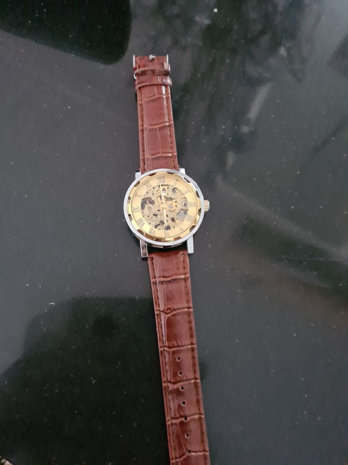 Skelet Horloge met Bruine Leren Band, Ophalen of Verzenden